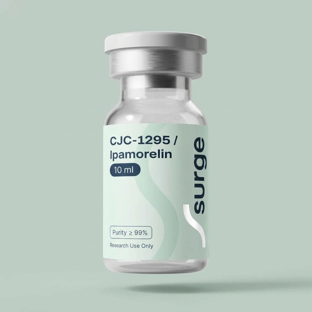 Surge CJC-1295 / Ipamorelin research vial on a light green background